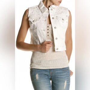 NWT Cropped Miss Me Women’s White Denim Vest Jacket Embellished Lace Rhinestones